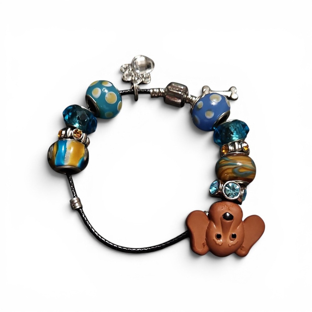Multicolor Dog Themed Charm Bracelet Blue Yellow Glass Beads Bone & Butterfly